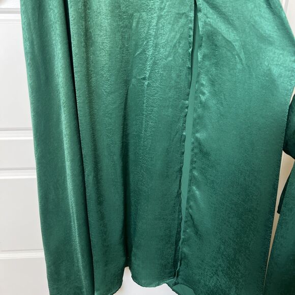 Aura Emerald Green Satin Maxi Dress With A Tie Belt Slit Long Puff Sleeves Small - Picture 4 of 7
